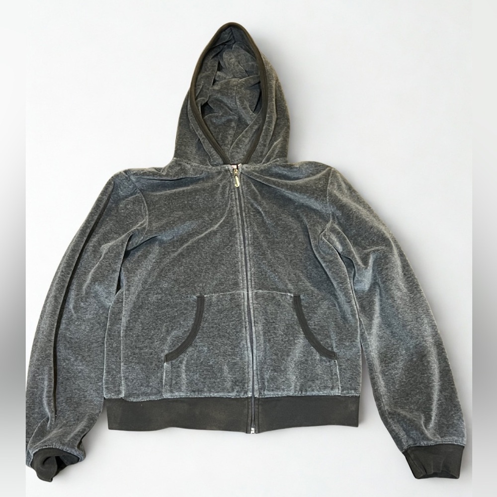 Juicy Couture Velour Zip Hoodie Grey Pink Crown Y2K Size Large
